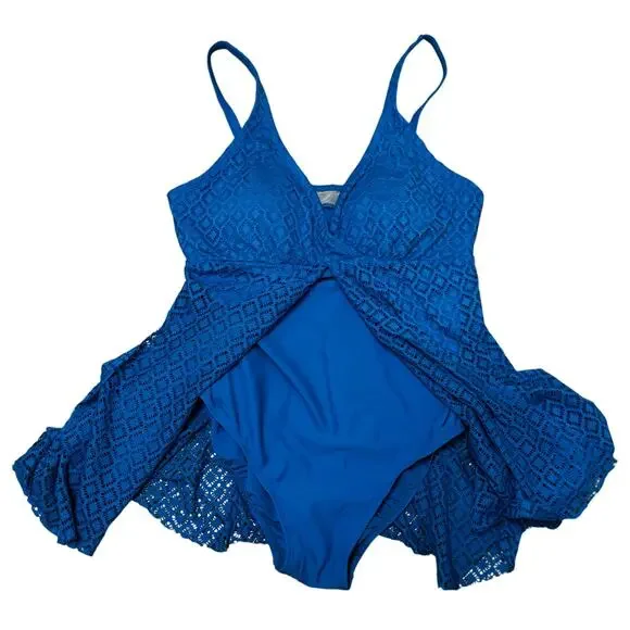 Alisha Levine Blue Swim Dress One Piece Lace Overlay Size 16 - Picture 1 of 7